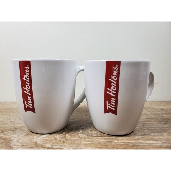 Lot Of 2 Tim Horton's Coffee Mugs - White Red Ribbon Banner Ceramic Mug Cup 2017 - Picture 1 of 7